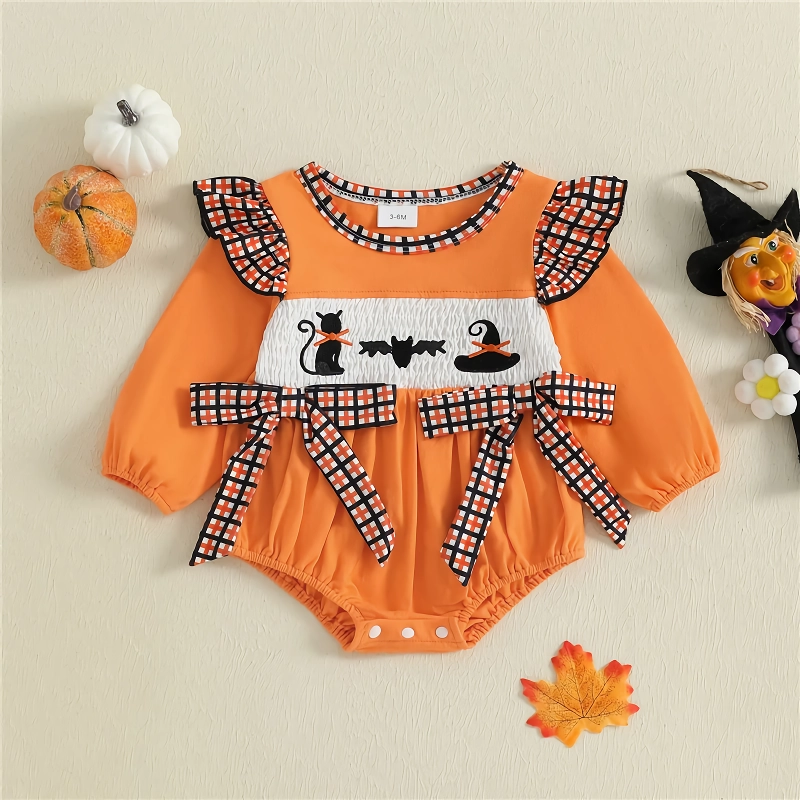 Newborn Baby Girl Halloween Bow Romper with Black Cat/Ghost Embroidery - Image 2