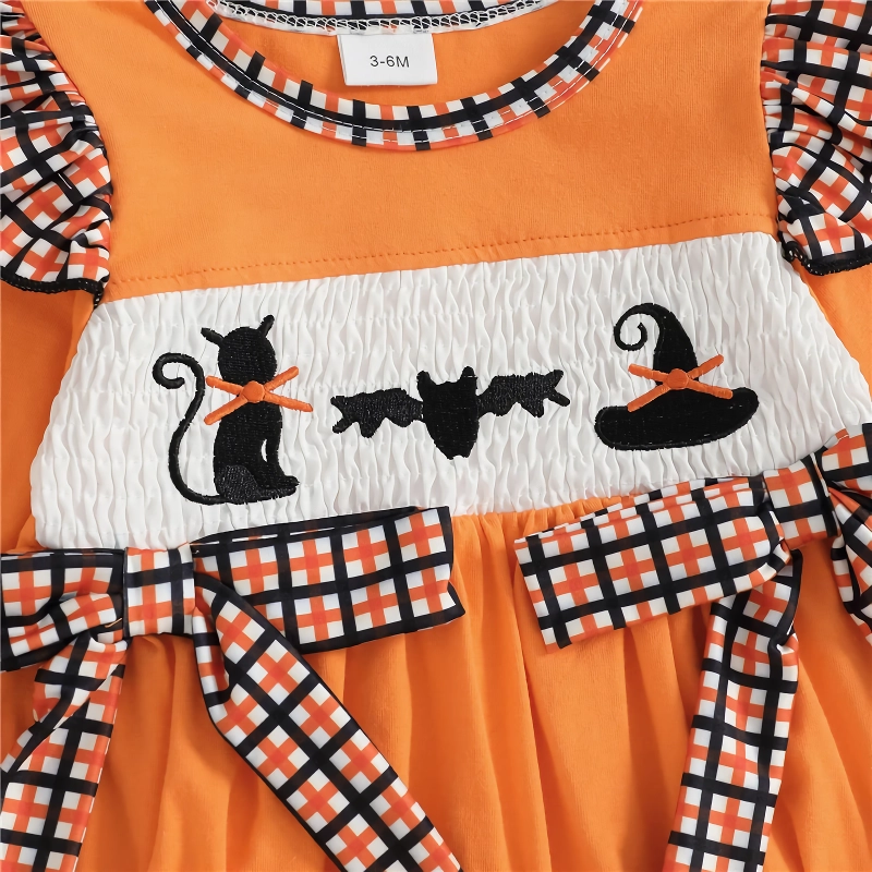 Newborn Baby Girl Halloween Bow Romper with Black Cat/Ghost Embroidery - Image 3