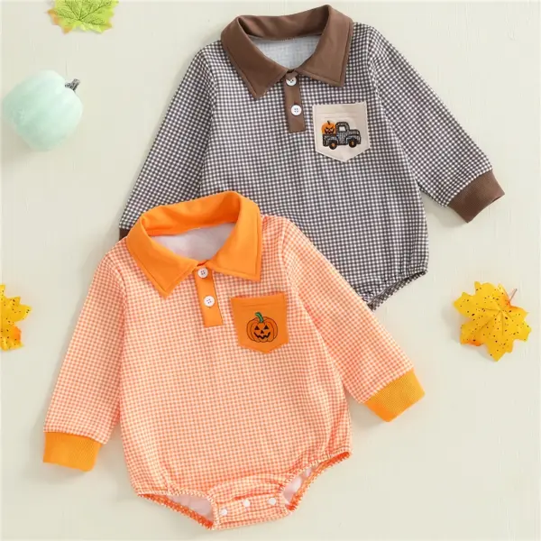 Infant Baby Boys Pumpkin Embroidery Plaid Halloween Romper Jumpsuit