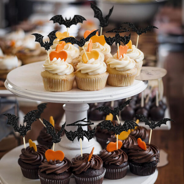 Halloween Bat Cupcake Toppers – Black Glitter Picks for Party Cakes