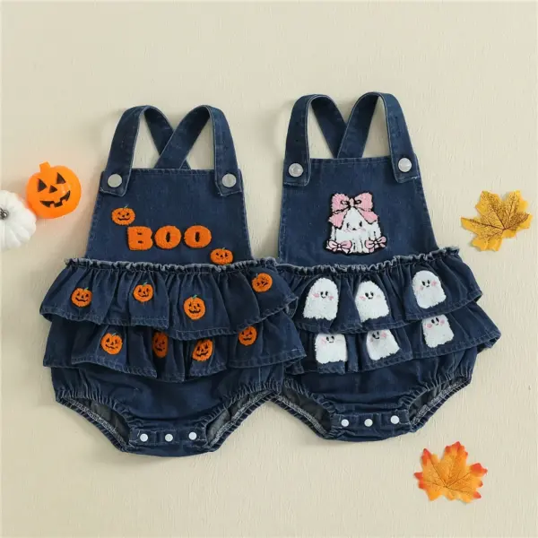 Newborn Baby Girl Halloween Denim Romper with Pumpkin and Ghost Embroidery - Ruffled Overalls Jumpsuit
