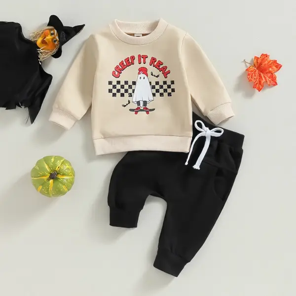 Halloween Baby Boy Ghost Print Sweatshirt & Elastic Pants 2-Piece Fall Tracksuit