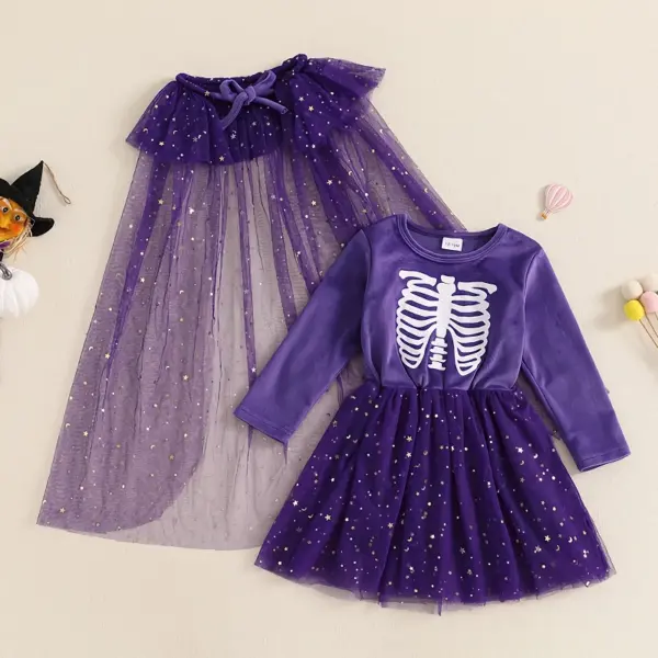 Girls Skeleton Print Halloween Dress with Shawl - Long Sleeve Tulle Patchwork Outfit