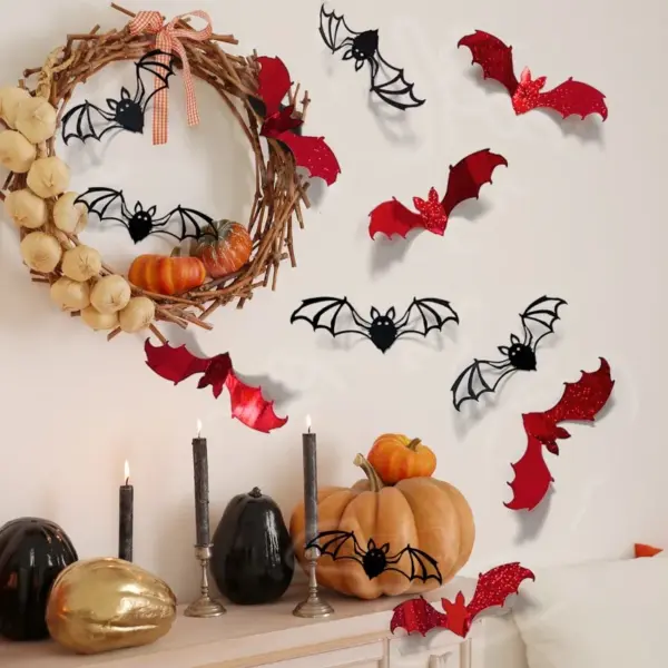 12pcs 15cm 3D Hollow Black Bat Wall Stickers - Halloween Room Decor