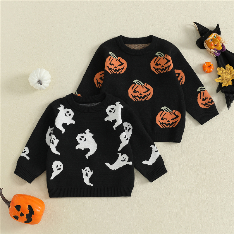Baby Halloween Sweater Pumpkin Ghost Print Toddler Knit Pullover