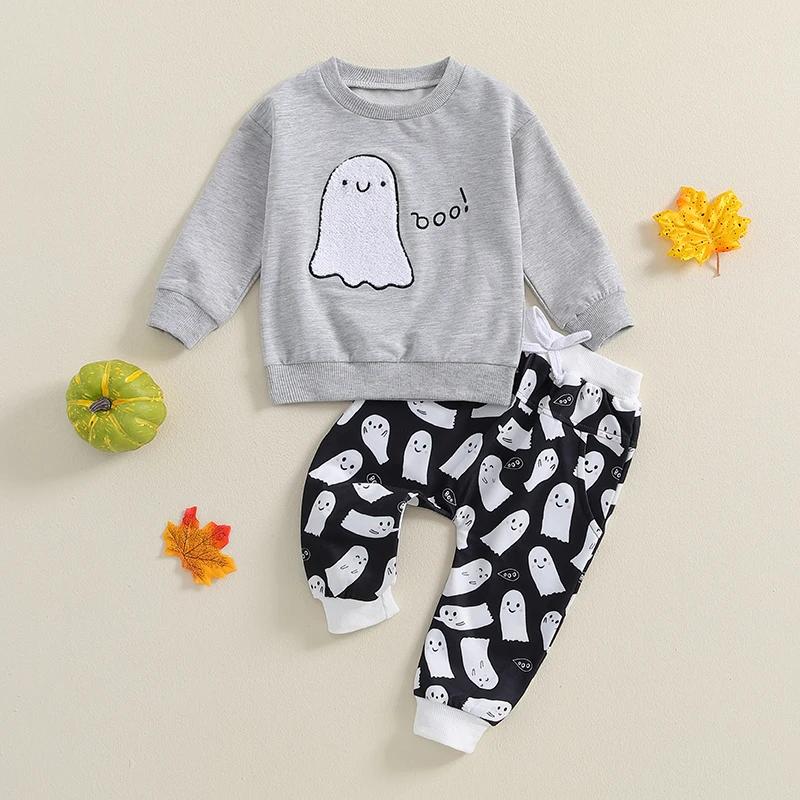 Baby Boy Halloween Tracksuit Set Ghost Embroidery Sweatshirt & Pants - Image 2
