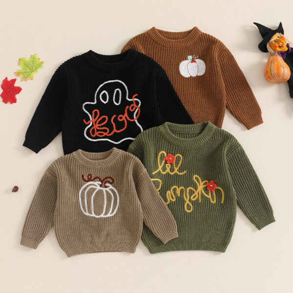 Baby Halloween Knitted Sweater with Pumpkin/Ghost Embroidery