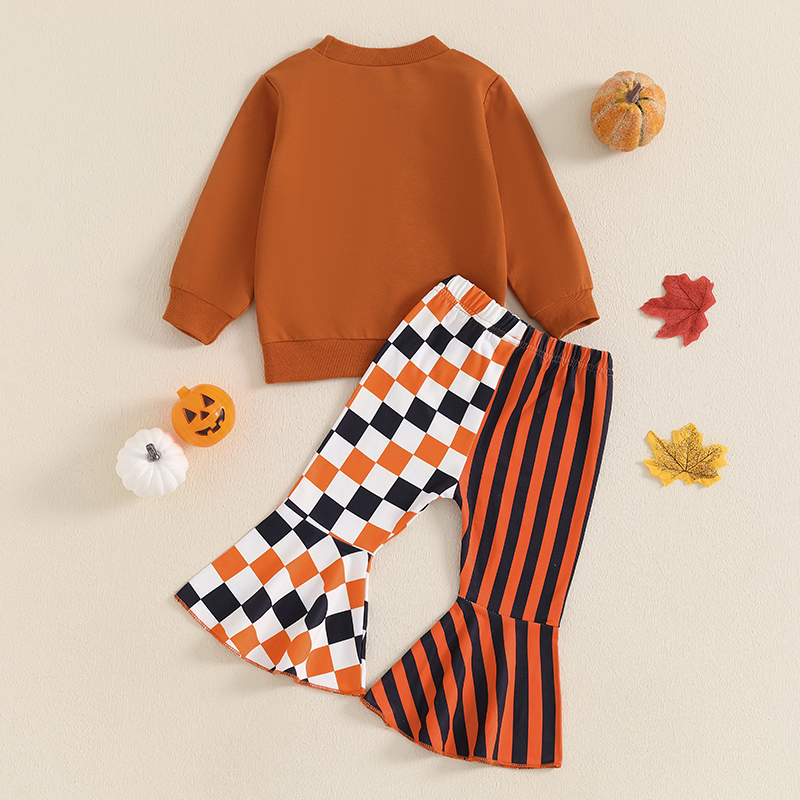 Baby Girl Halloween Outfit Pumpkin Sweatshirt & Striped Flare Pants Set - Image 4