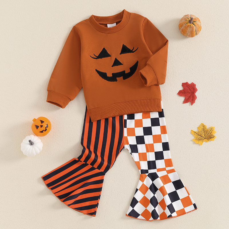Baby Girl Halloween Outfit Pumpkin Sweatshirt & Striped Flare Pants Set - Image 3