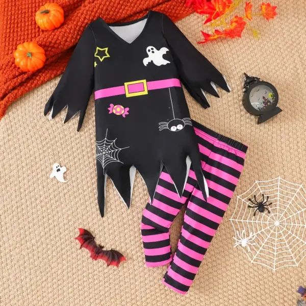 Baby Girls Halloween Long Sleeve Ghost Spider Print Dress with Striped Pants Outfit