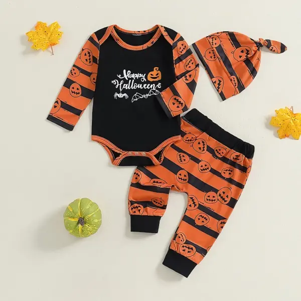 Baby Boy Halloween Outfit 3 Pcs Set - Long Sleeve Romper, Pumpkin Pants, and Hat