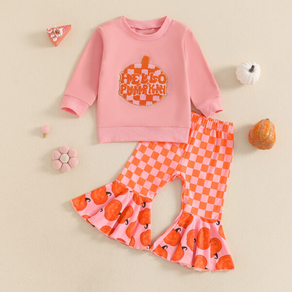 Halloween Baby Girl Outfit: Embroidered Sweatshirt & Flare Pants Set