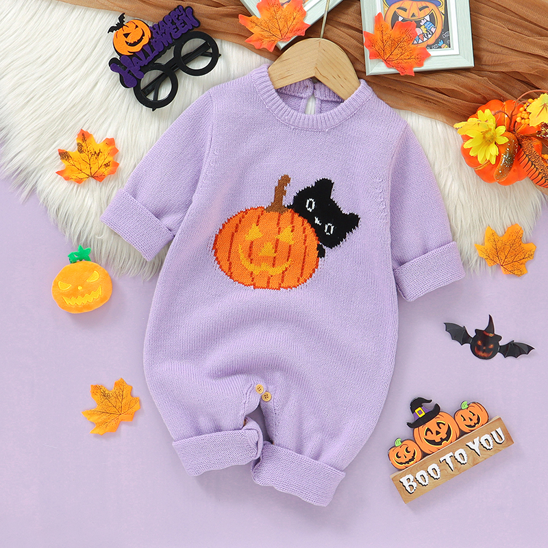 Knitted Halloween Baby Romper Pumpkin Cat Jumpsuit 0-18M