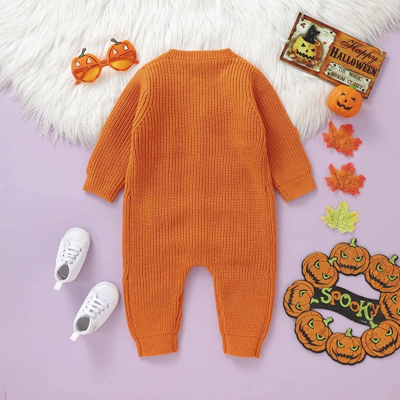Halloween Baby Romper - Cute Pumpkin Knit Jumpsuit for Newborns 0-18M - Image 2