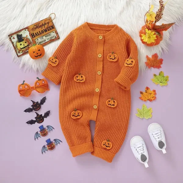 Halloween Baby Romper - Cute Pumpkin Knit Jumpsuit for Newborns 0-18M