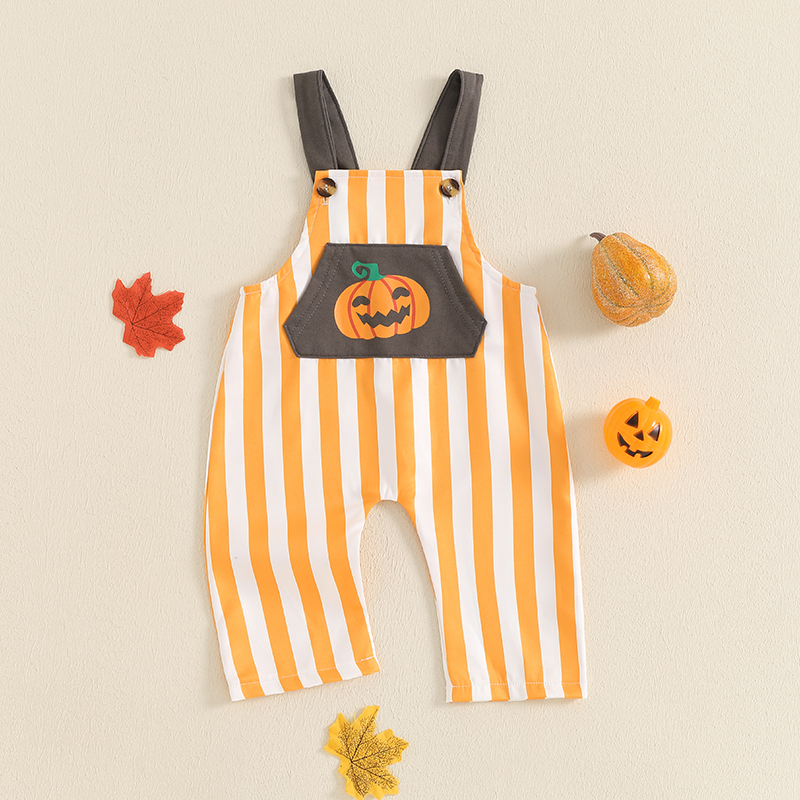 Baby Halloween Striped Pumpkin Overalls with Front Pocket - Unisex Sleeveless Jumpsuit - Image 2