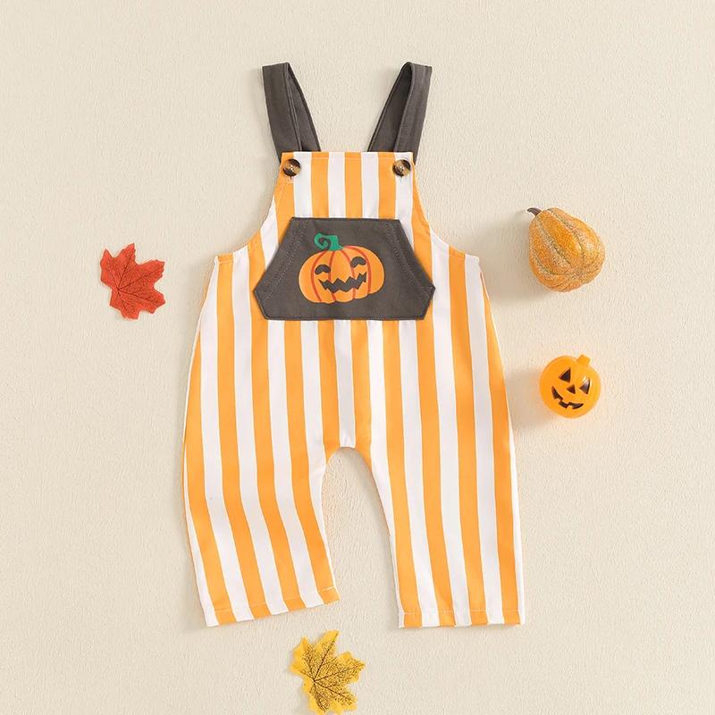 Baby Halloween Striped Pumpkin Overalls with Front Pocket - Unisex Sleeveless Jumpsuit