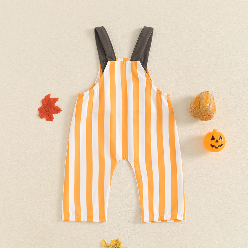 Baby Halloween Striped Pumpkin Overalls with Front Pocket - Unisex Sleeveless Jumpsuit - Image 3