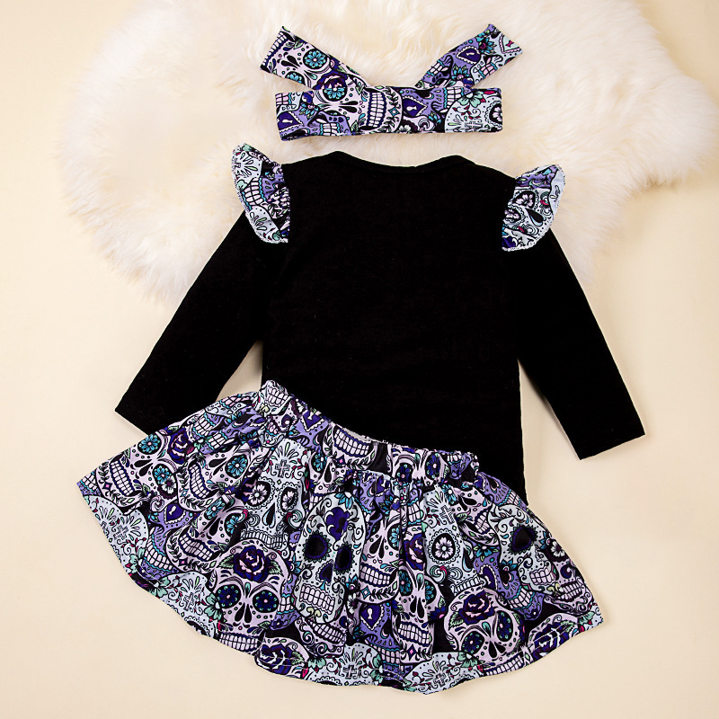 Baby Girl Halloween Puff Sleeve Bodysuit with Skull Skirt and Bow Headband - Image 2