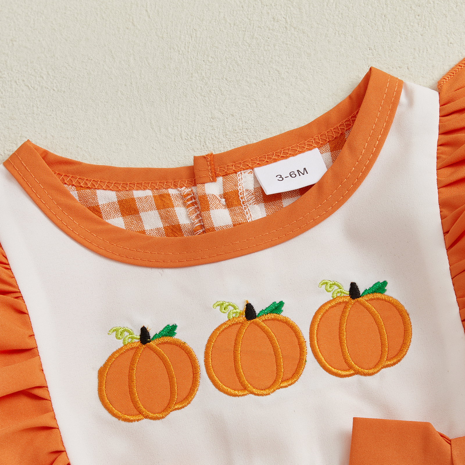 Baby Girls Plaid Romper with Pumpkin and Turkey Embroidery - Image 3