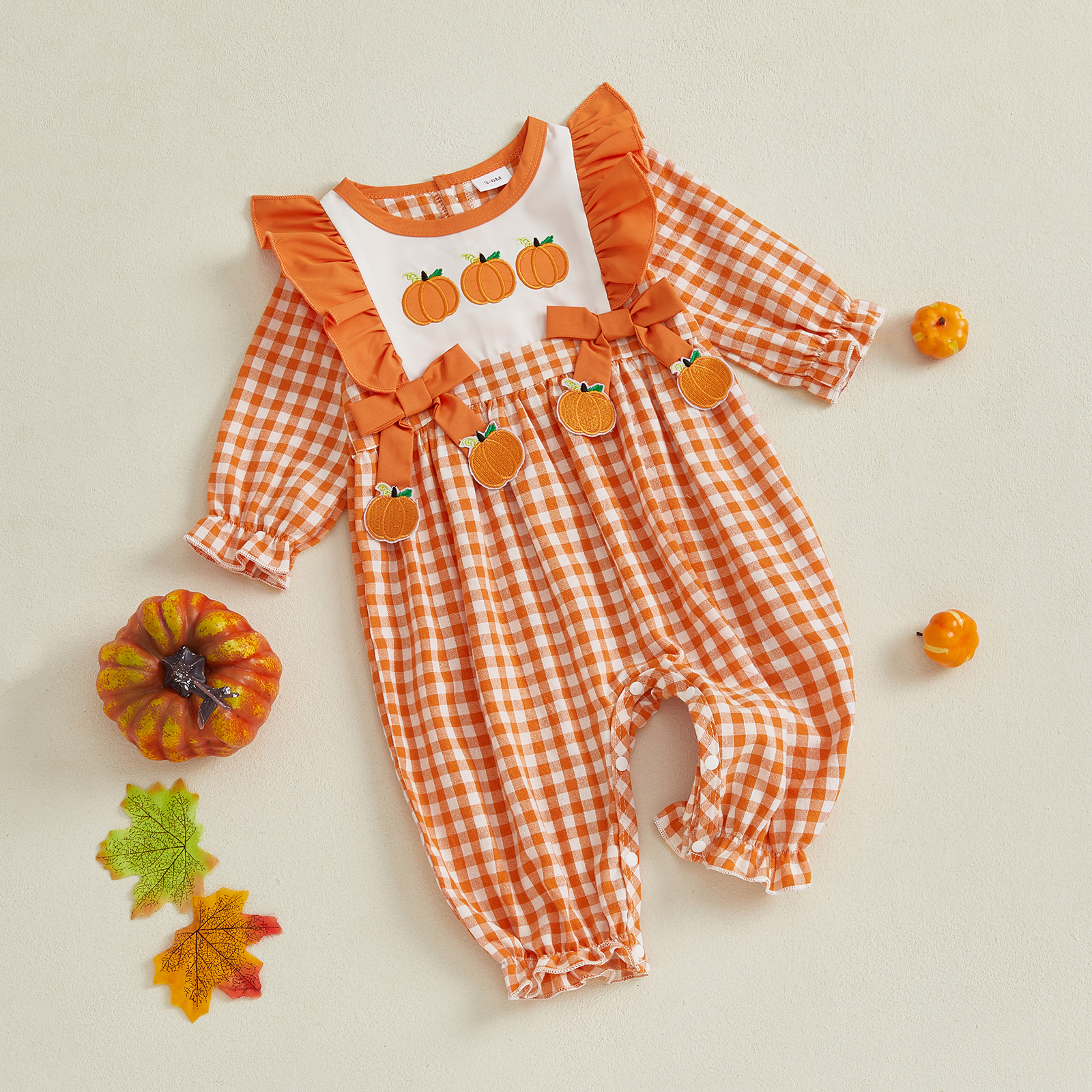 Baby Girls Plaid Romper with Pumpkin and Turkey Embroidery