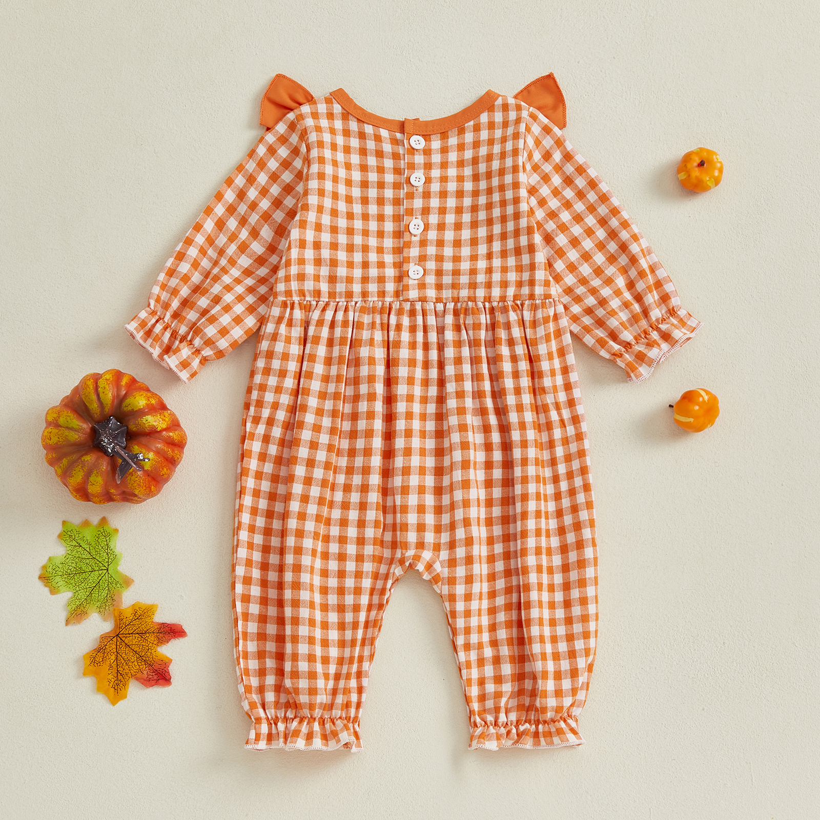Baby Girls Plaid Romper with Pumpkin and Turkey Embroidery - Image 2