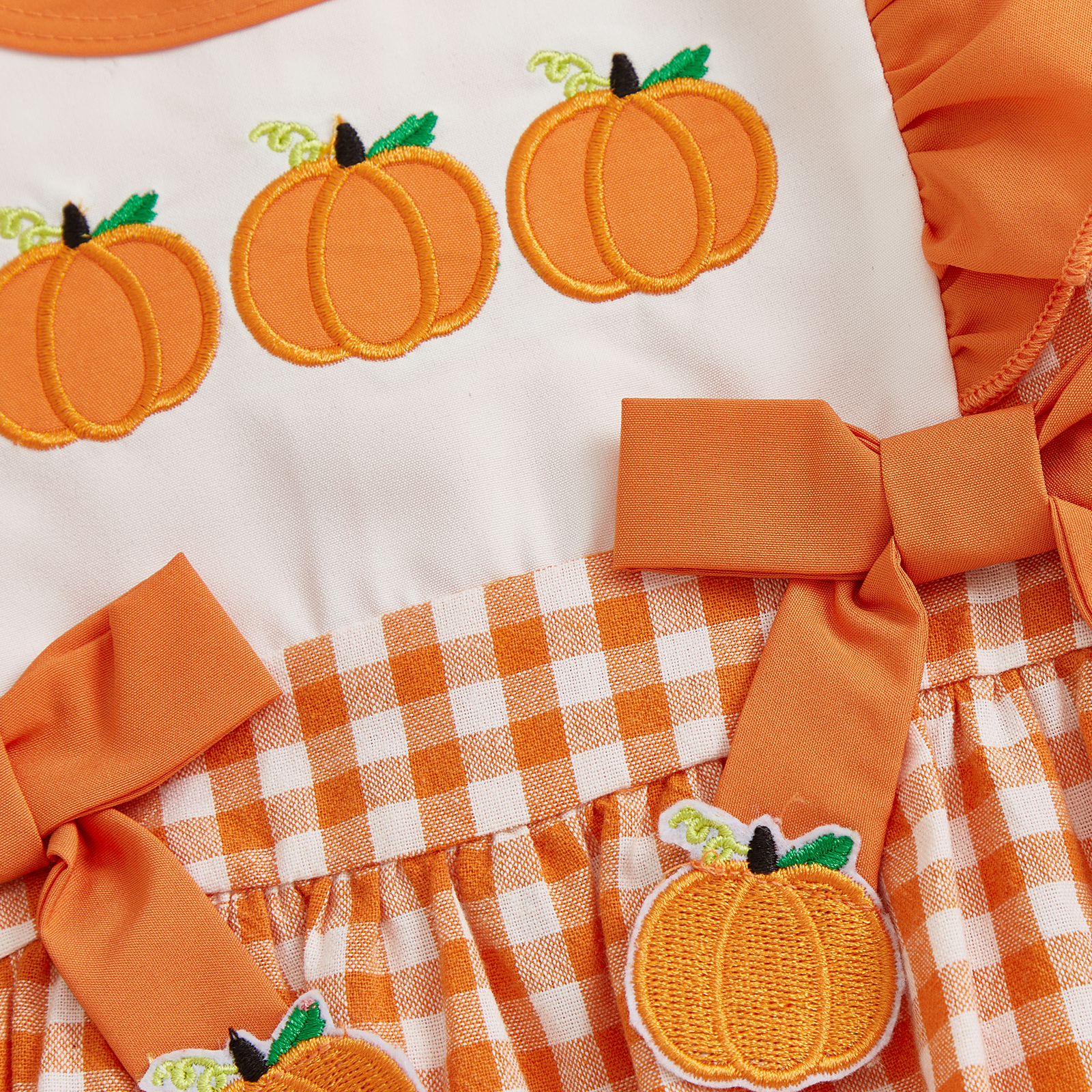 Baby Girls Plaid Romper with Pumpkin and Turkey Embroidery - Image 4