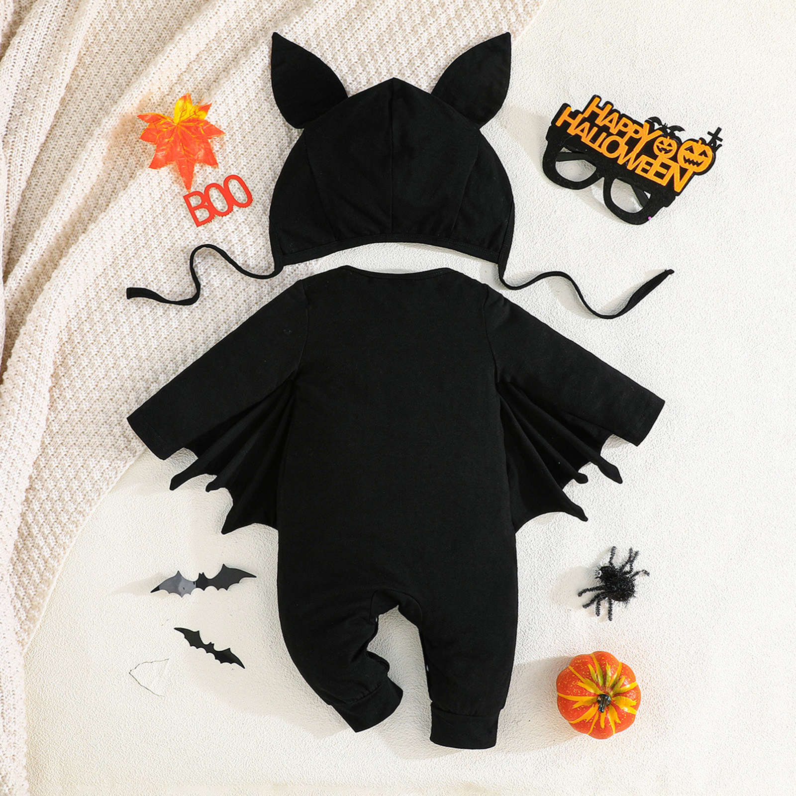Toddler Baby Bat Halloween Skeleton Printed Jumpsuit with Hat - Image 3