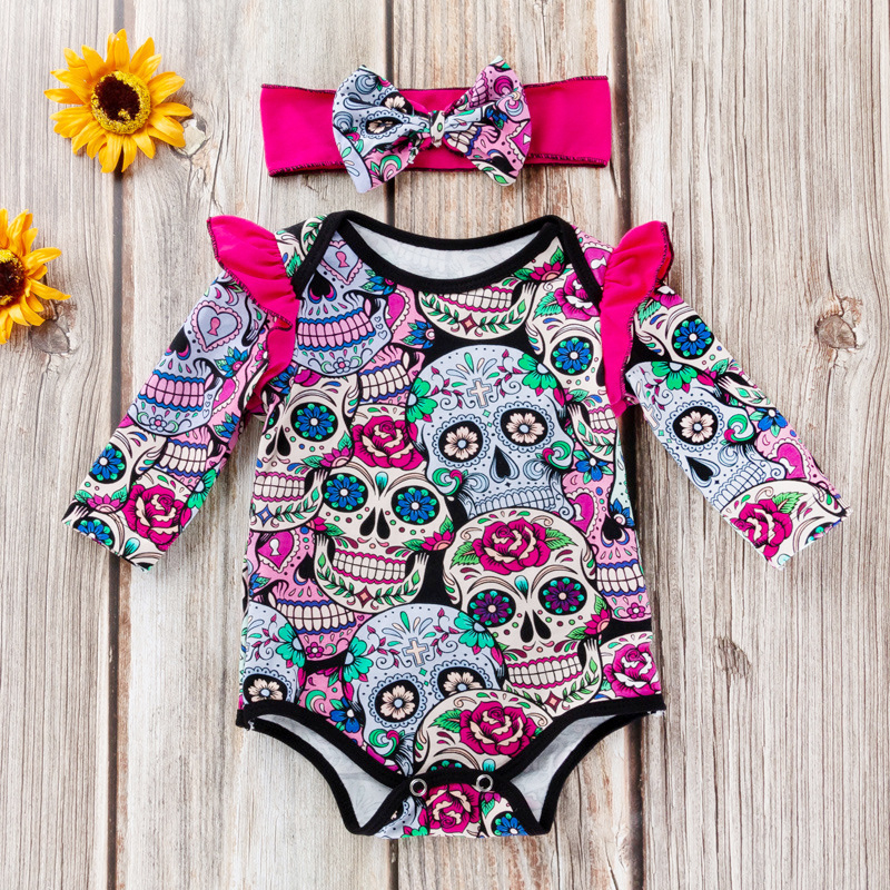 Baby Girl Skull Bodysuit Halloween Costume with Headband - Image 6