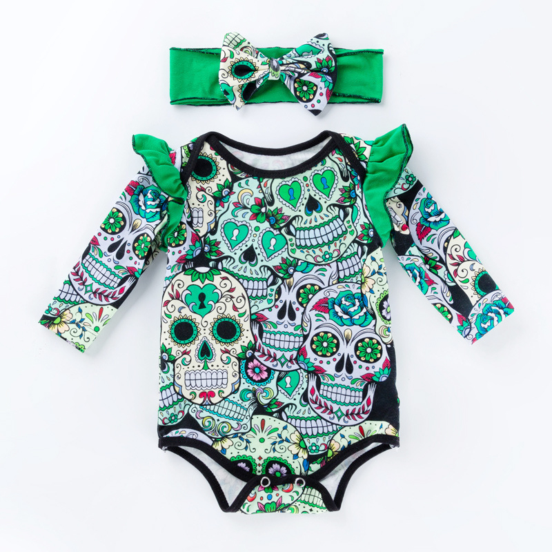 Baby Girl Skull Bodysuit Halloween Costume with Headband - Image 3