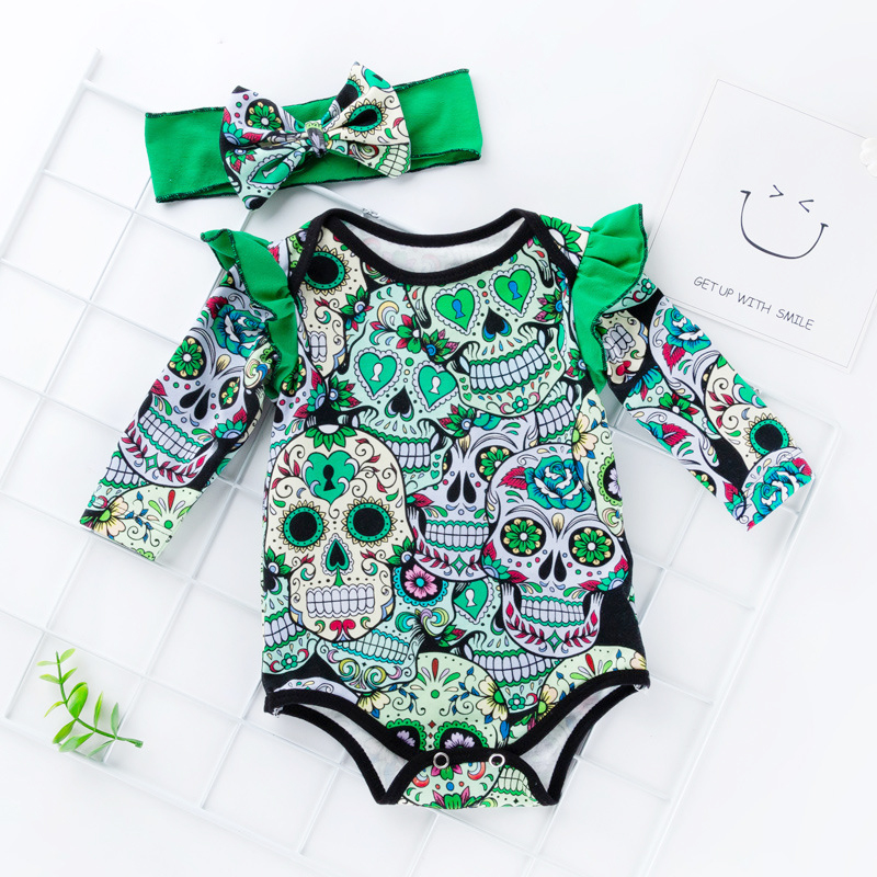Baby Girl Skull Bodysuit Halloween Costume with Headband - Image 4