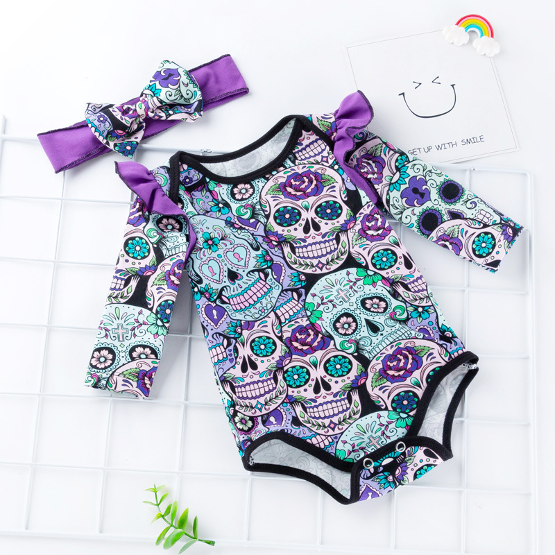 Baby Girl Skull Bodysuit Halloween Costume with Headband - Image 2