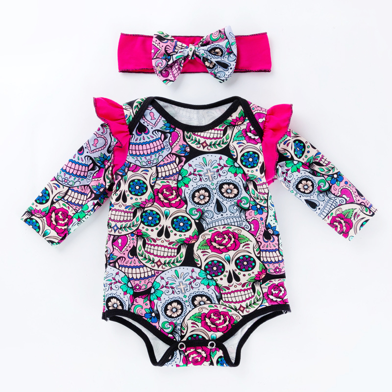 Baby Girl Skull Bodysuit Halloween Costume with Headband - Image 5