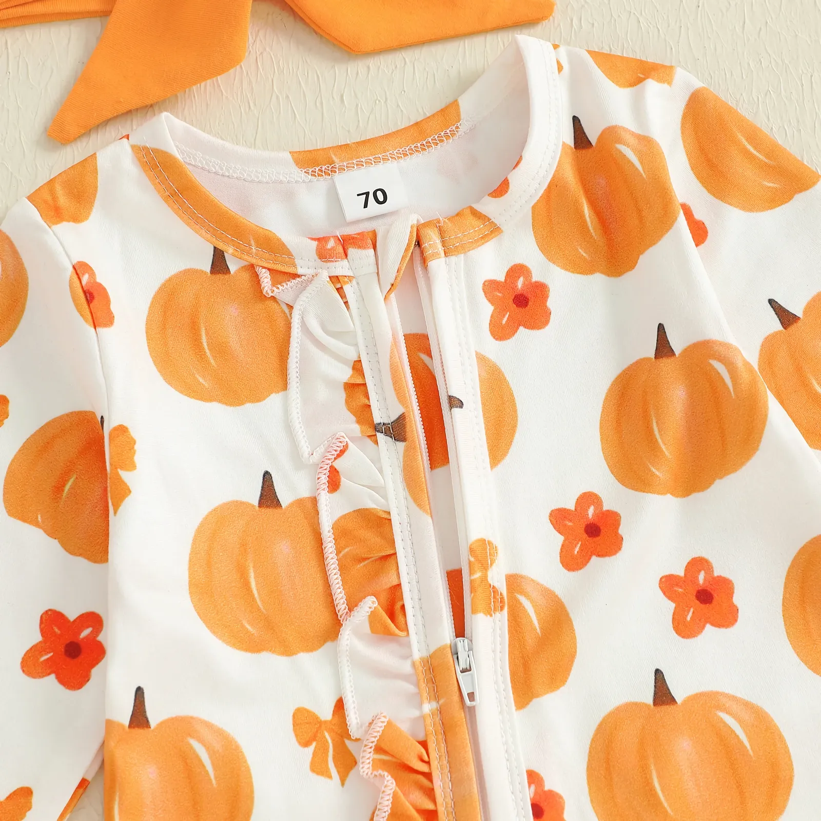 Newborn Baby Halloween Pumpkin Print Footed Romper with Headband - Image 4