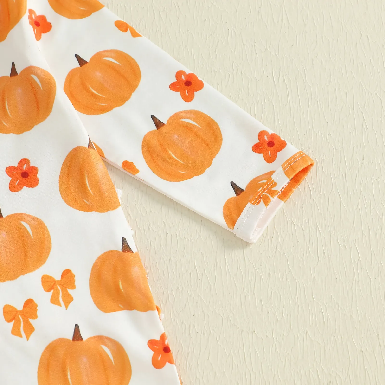 Newborn Baby Halloween Pumpkin Print Footed Romper with Headband - Image 5