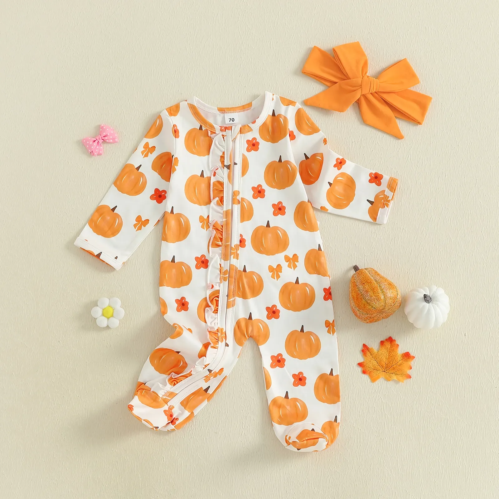 Newborn Baby Halloween Pumpkin Print Footed Romper with Headband - Image 3