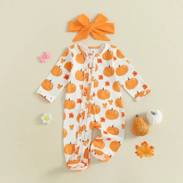 Newborn Baby Halloween Pumpkin Print Footed Romper with Headband