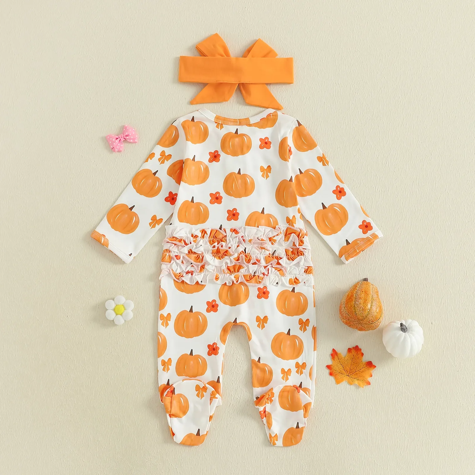 Newborn Baby Halloween Pumpkin Print Footed Romper with Headband - Image 2