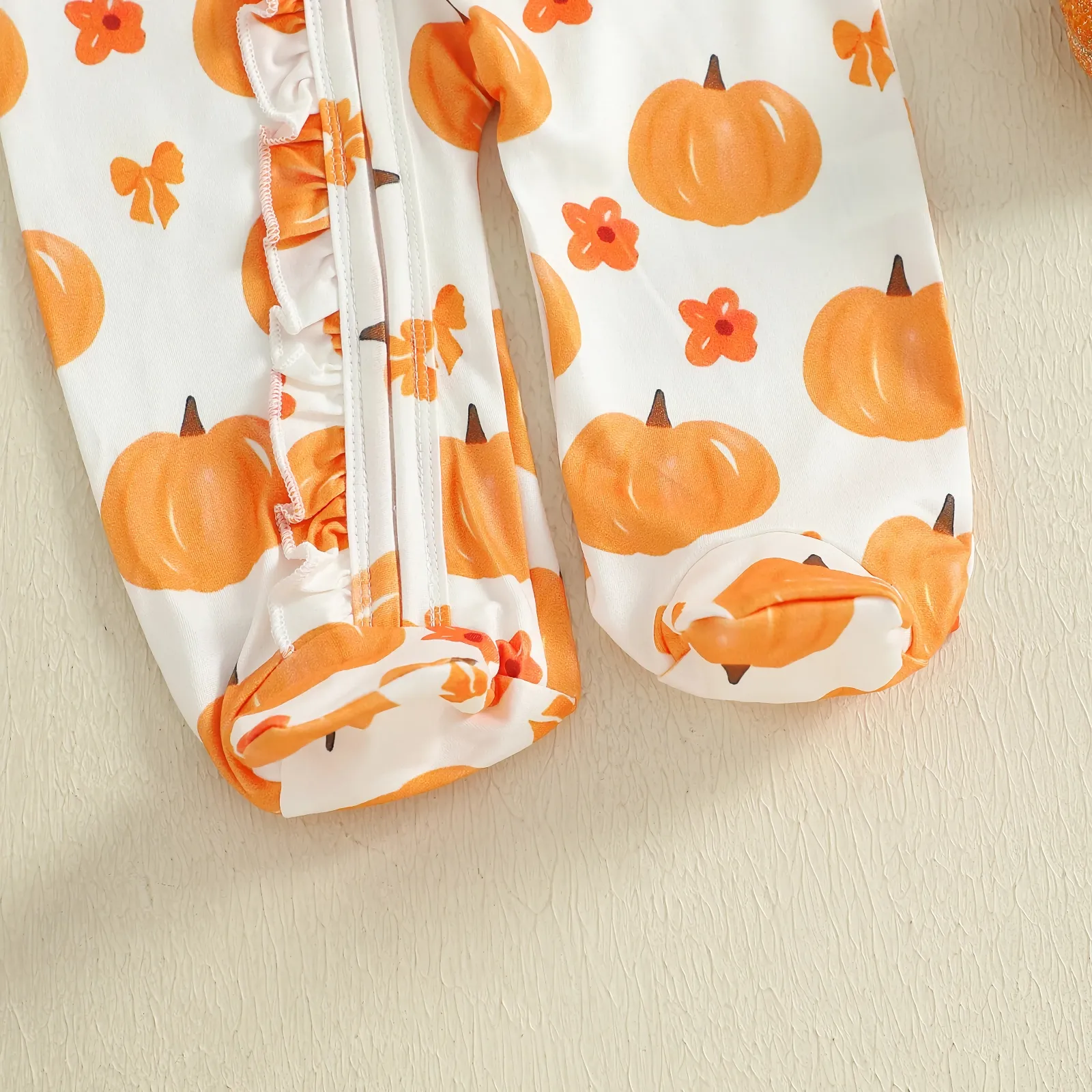 Newborn Baby Halloween Pumpkin Print Footed Romper with Headband - Image 6