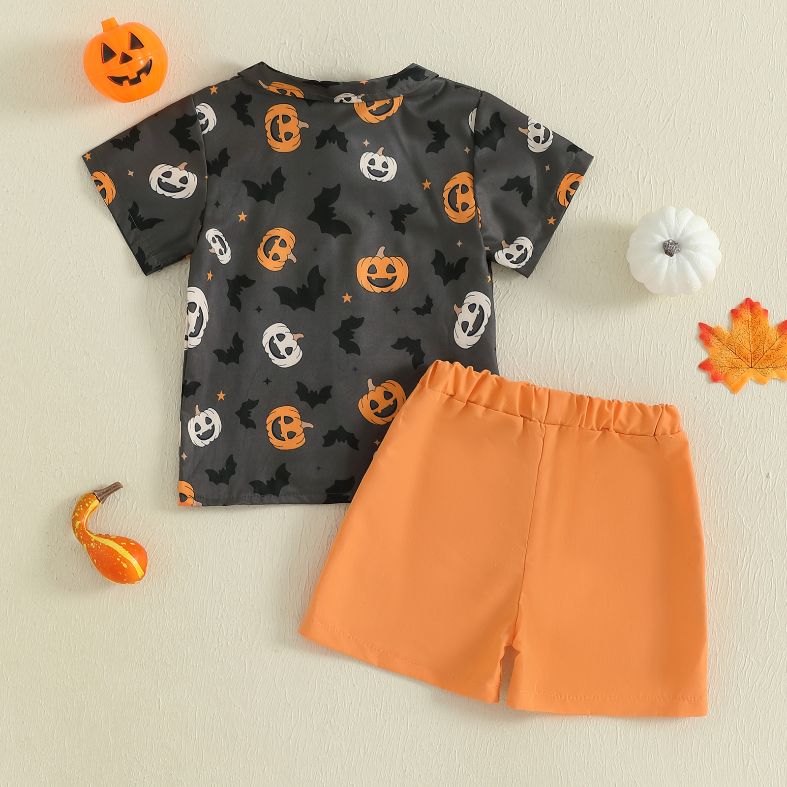 Kids Boys Halloween Pumpkin Bat Print Bowtie Shirt & Shorts 2-Piece Set - Image 3