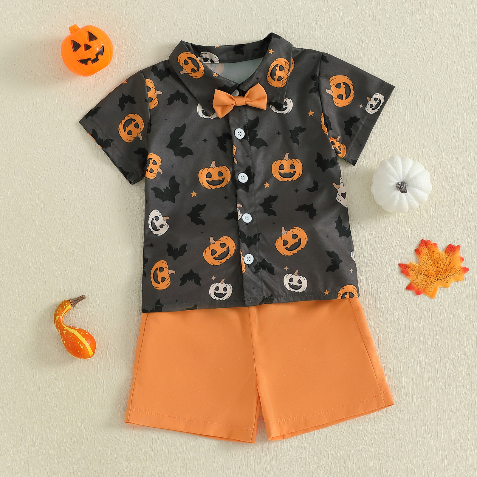 Kids Boys Halloween Pumpkin Bat Print Bowtie Shirt & Shorts 2-Piece Set - Image 4