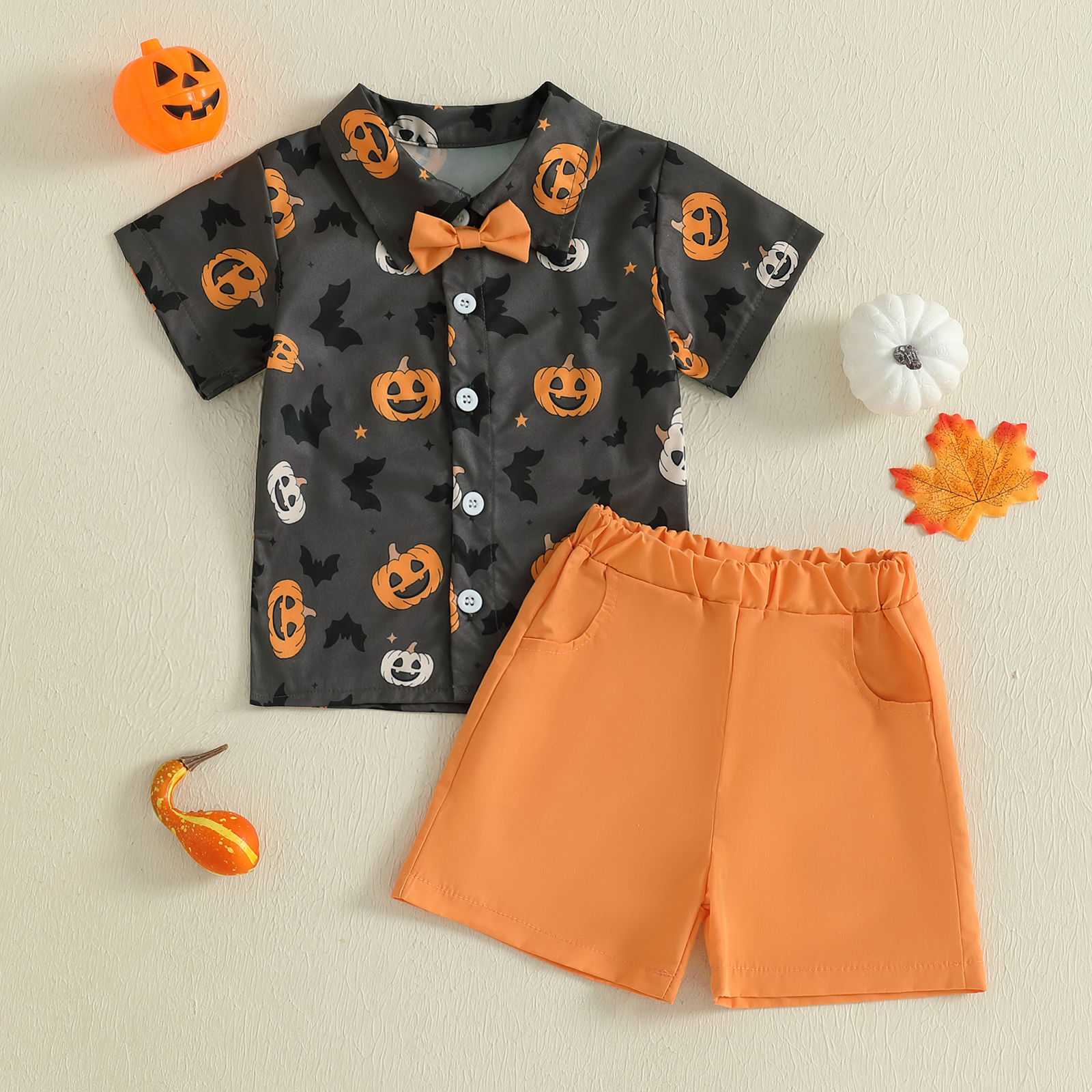 Kids Boys Halloween Pumpkin Bat Print Bowtie Shirt & Shorts 2-Piece Set - Image 2