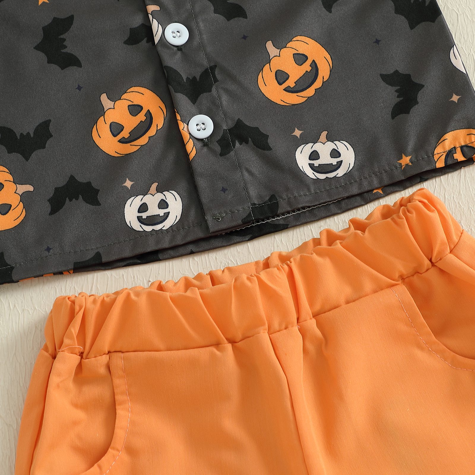 Kids Boys Halloween Pumpkin Bat Print Bowtie Shirt & Shorts 2-Piece Set - Image 6