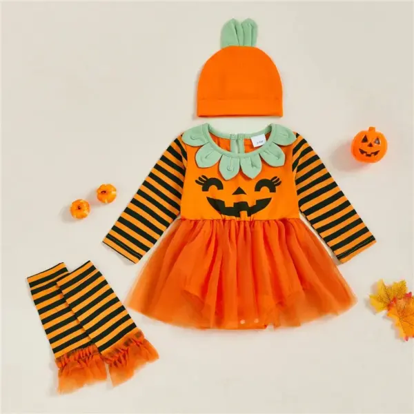 Newborn Baby Girl Pumpkin Print Halloween Romper Dress with Hat & Leg Warmers
