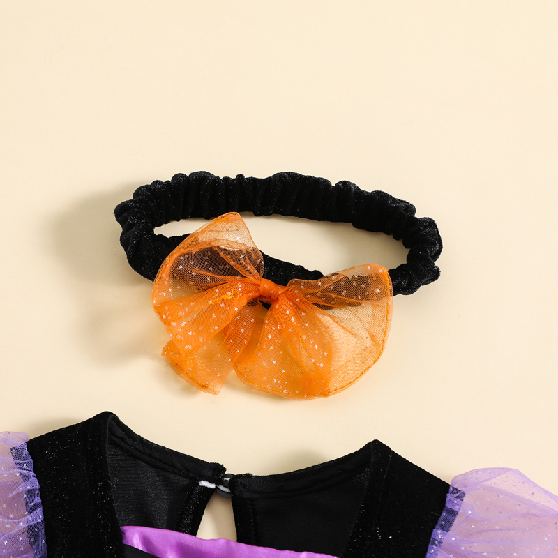 Baby Girl Halloween Puff Sleeve Tulle Romper Dress with Headband - Image 6