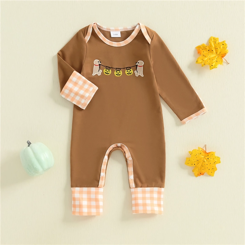 Baby Halloween Romper Pumpkin Animal Embroidery Long Sleeve Jumpsuit