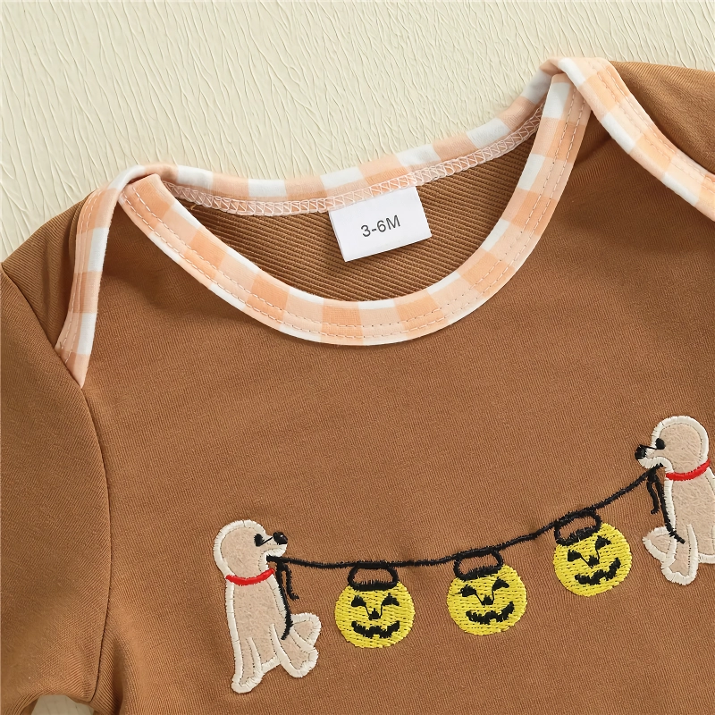 Baby Halloween Romper Pumpkin Animal Embroidery Long Sleeve Jumpsuit - Image 3