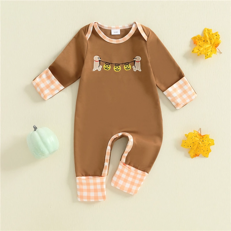 Baby Halloween Romper Pumpkin Animal Embroidery Long Sleeve Jumpsuit - Image 2