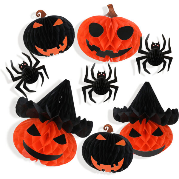 8-Piece Halloween Honeycomb Ball Hanging Decor - Spider & Pumpkin Lanterns