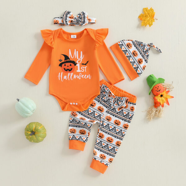 Baby Girl Halloween Outfit 4PCS Romper Pants Hat Headband Set